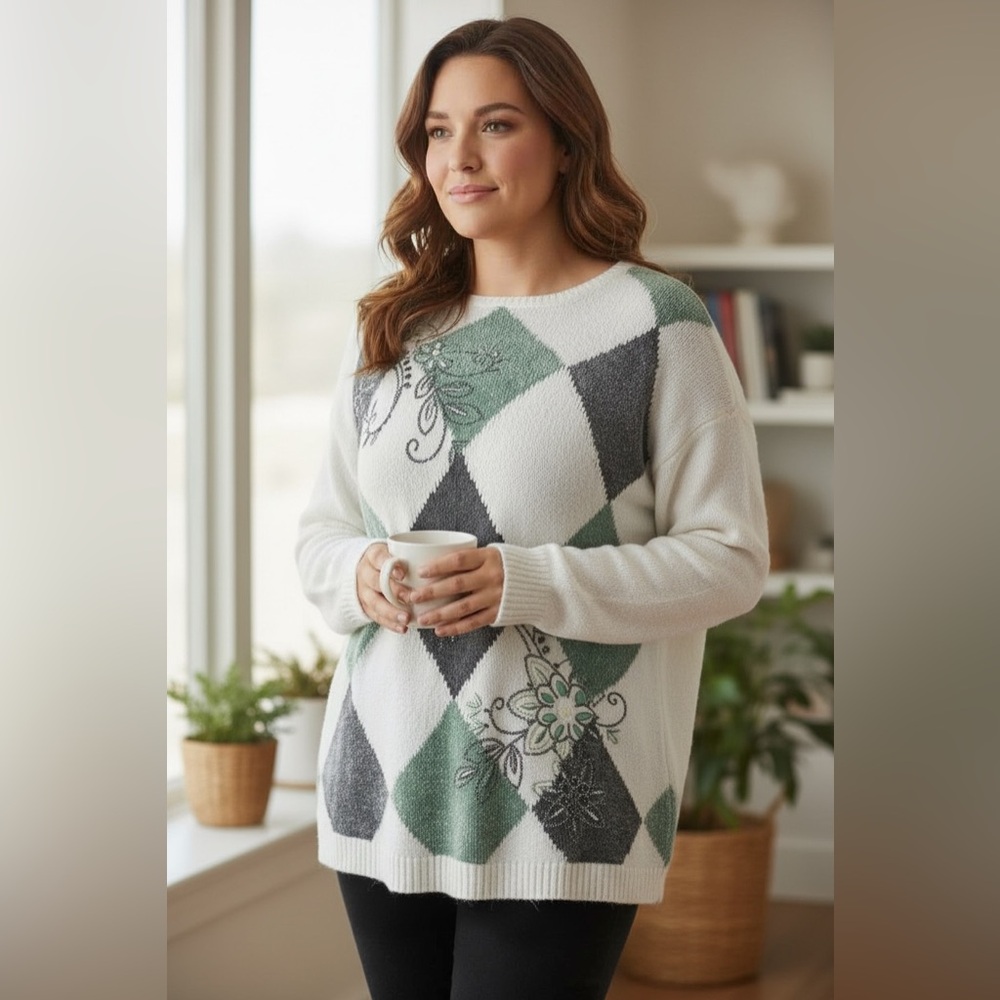 Alfred Dunner Women's Floral Argyle Sweater  1X -Green, Gray, and White